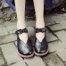 Women Casual Retro Floral Embellished Soft Comfy Breathable Hollow Leather Mary Jane Wedges Shoes